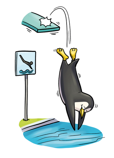 Illustration eines Pinguins, der einen Kopfsprung macht