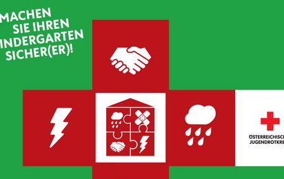 Aufschrift "Machen Sie Ihren Kindergarten sicherer" und Logo vom Projekt