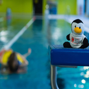 Foto von einem Stoff-Maskottchen im Hallenbad