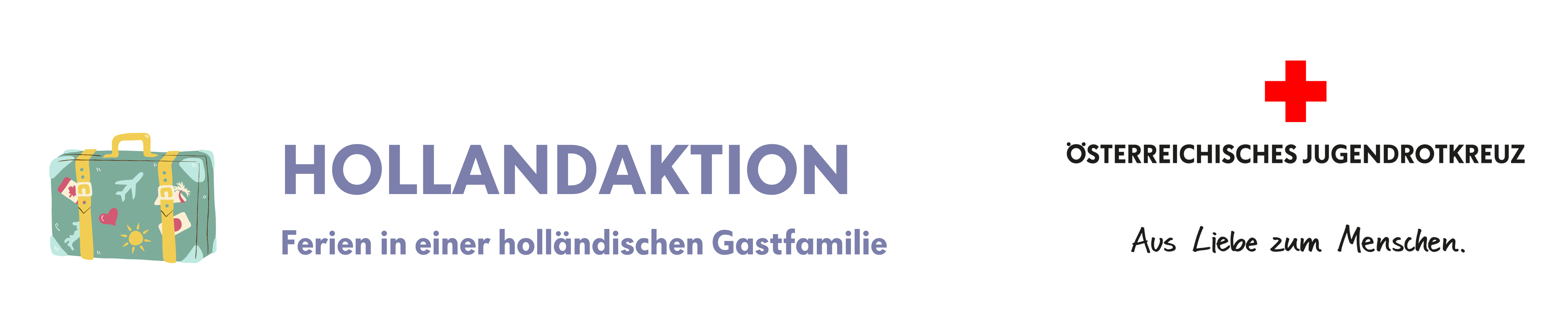 Das Logo der Hollandaktion ist ein grüner Reisekoffer mit bunten Aufklebern und der Unterschrift Ferien in einer holländischen Gastfamilie.